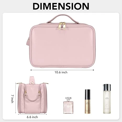 Travel Makeup Bag Women's Large Capacity Cosmetic Portable Organizer Large Opening Waterproof Storage Toiletry Bags Vertical Free-Standing Brush Holder for Easy Access Pink