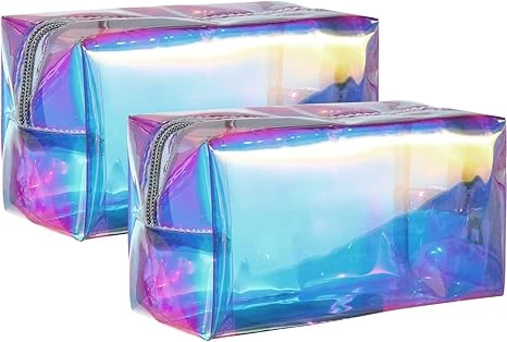 2 Pcs Clear Iridescent Holographic Makeup Bag Glitter Travel Cosmetic Pouches Toiletry Bag with Zipper Toiletry Organizer Case for Purse Diaper Beach Office Gift(Plain)