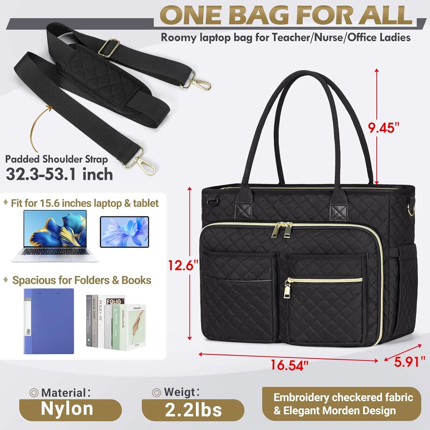 Teacher Tote Bag 15.6 inch Laptop Bag for Women Work Bags Laptop Tote Nurse Bag Professional Computer Messenger with Insulated Pocket, Laptop Briefcase for Office, College, Nursing, Black