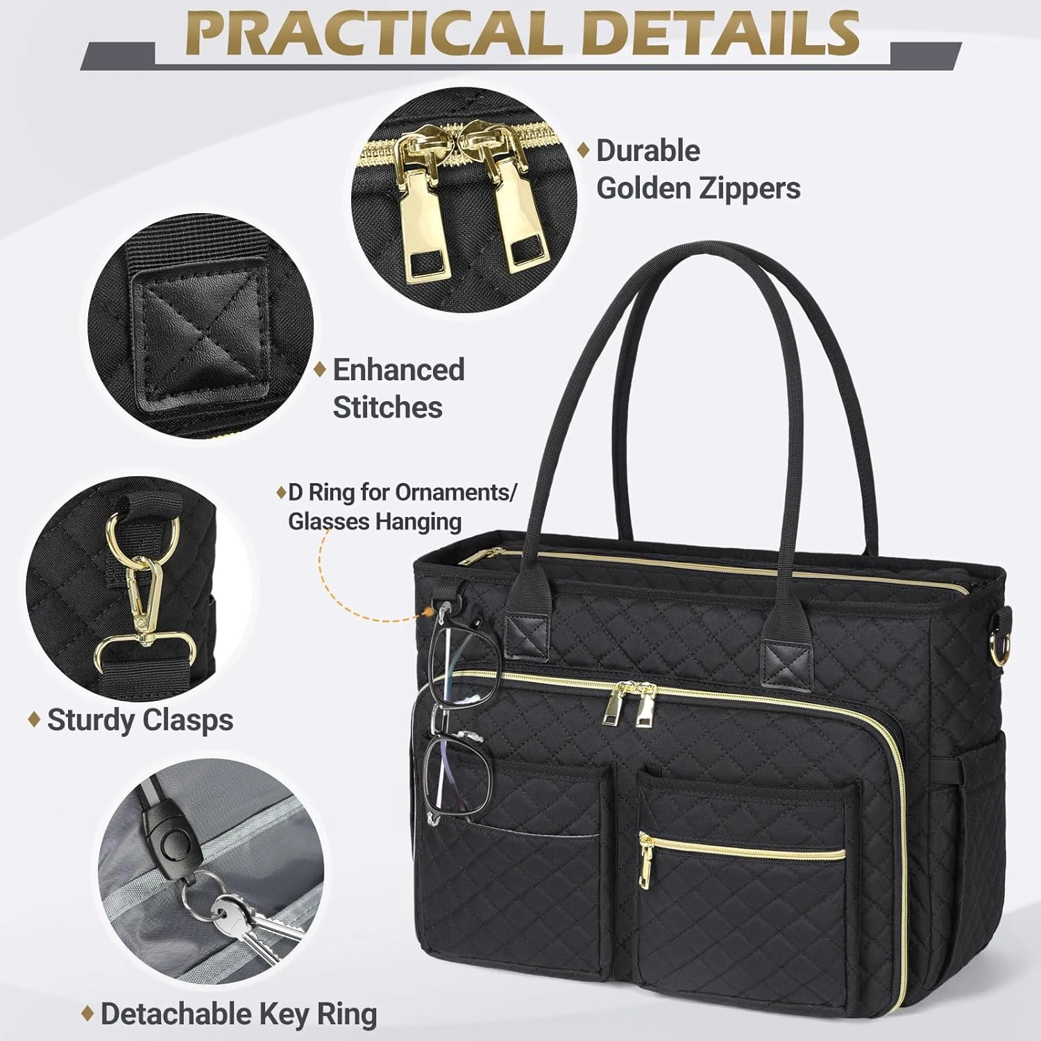 Teacher Tote Bag 15.6 inch Laptop Bag for Women Work Bags Laptop Tote Nurse Bag Professional Computer Messenger with Insulated Pocket, Laptop Briefcase for Office, College, Nursing, Black