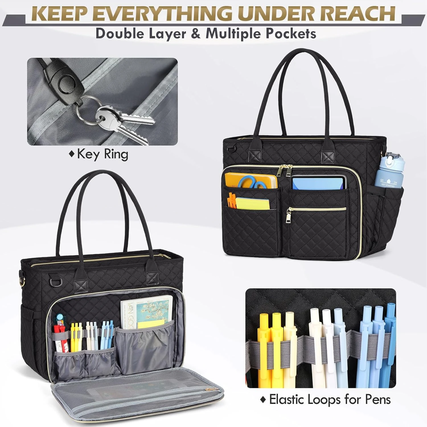 Teacher Tote Bag 15.6 inch Laptop Bag for Women Work Bags Laptop Tote Nurse Bag Professional Computer Messenger with Insulated Pocket, Laptop Briefcase for Office, College, Nursing, Black