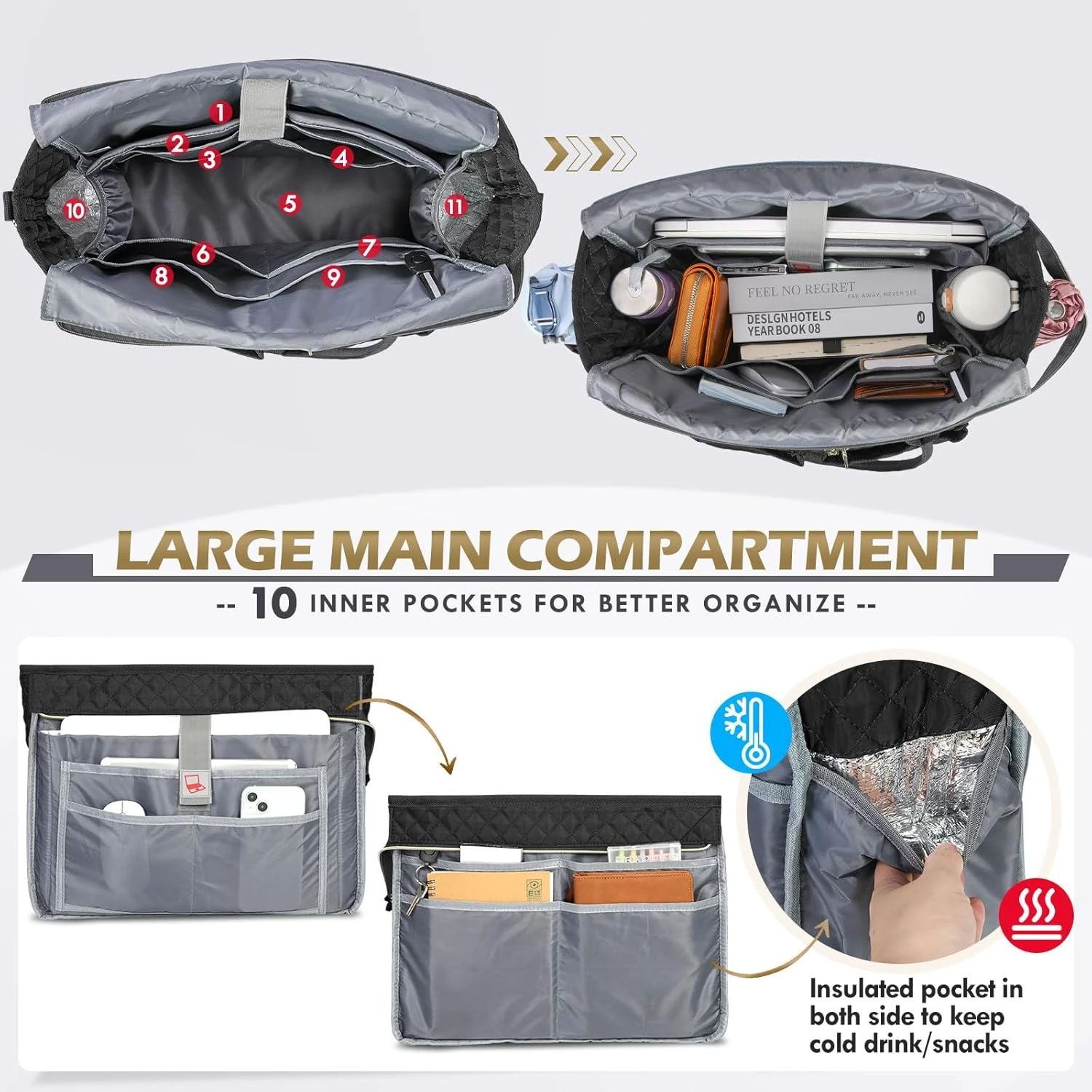 Teacher Tote Bag 15.6 inch Laptop Bag for Women Work Bags Laptop Tote Nurse Bag Professional Computer Messenger with Insulated Pocket, Laptop Briefcase for Office, College, Nursing, Black
