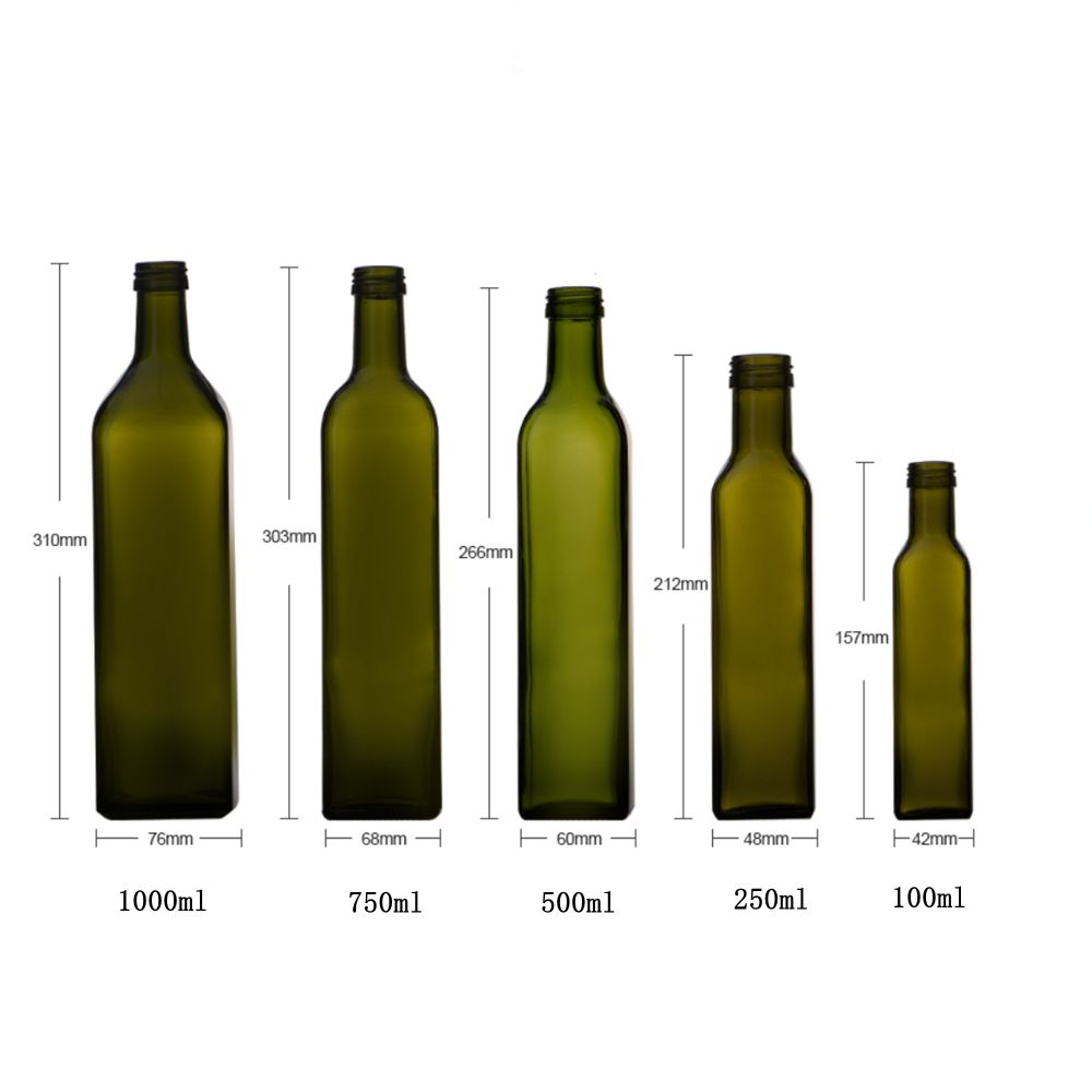 Botellas cuadradas de vidrio para aceite de oliva verde oscuro de 100 ml, 250 ml, 500 ml, 750 ml y 1 l. 