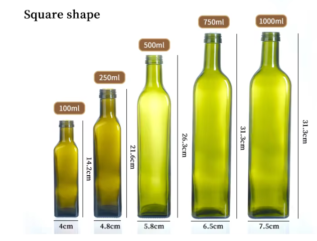 Botella de vidrio transparente ámbar verde y marrón para aceite de oliva.