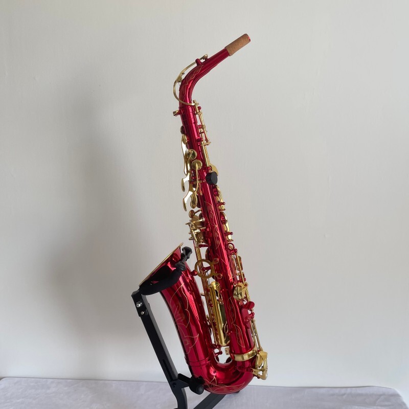 Saxofón Alto Laca Oro Rojo con Cuerpo de Latón Instrumento Profesional de Saxo Alto