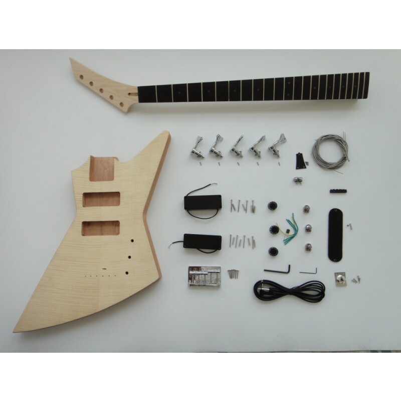 Kit de bajo eléctrico de 5 cuerdas Afanti con cuerpo de caoba sin terminar y arce flameado Kit de bajo eléctrico de 5 cuerdas Afanti con cuerpo de caoba sin terminar y arce flameado