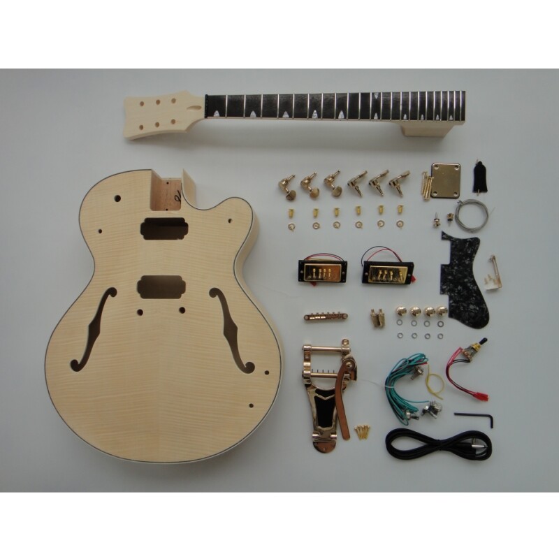 Kit de guitarra DIY de cuerpo hueco de madera contrachapada de arce afanti con chapa de arce flameado Kit de guitarra DIY de cuerpo hueco de madera contrachapada de arce afanti con chapa de arce flameado