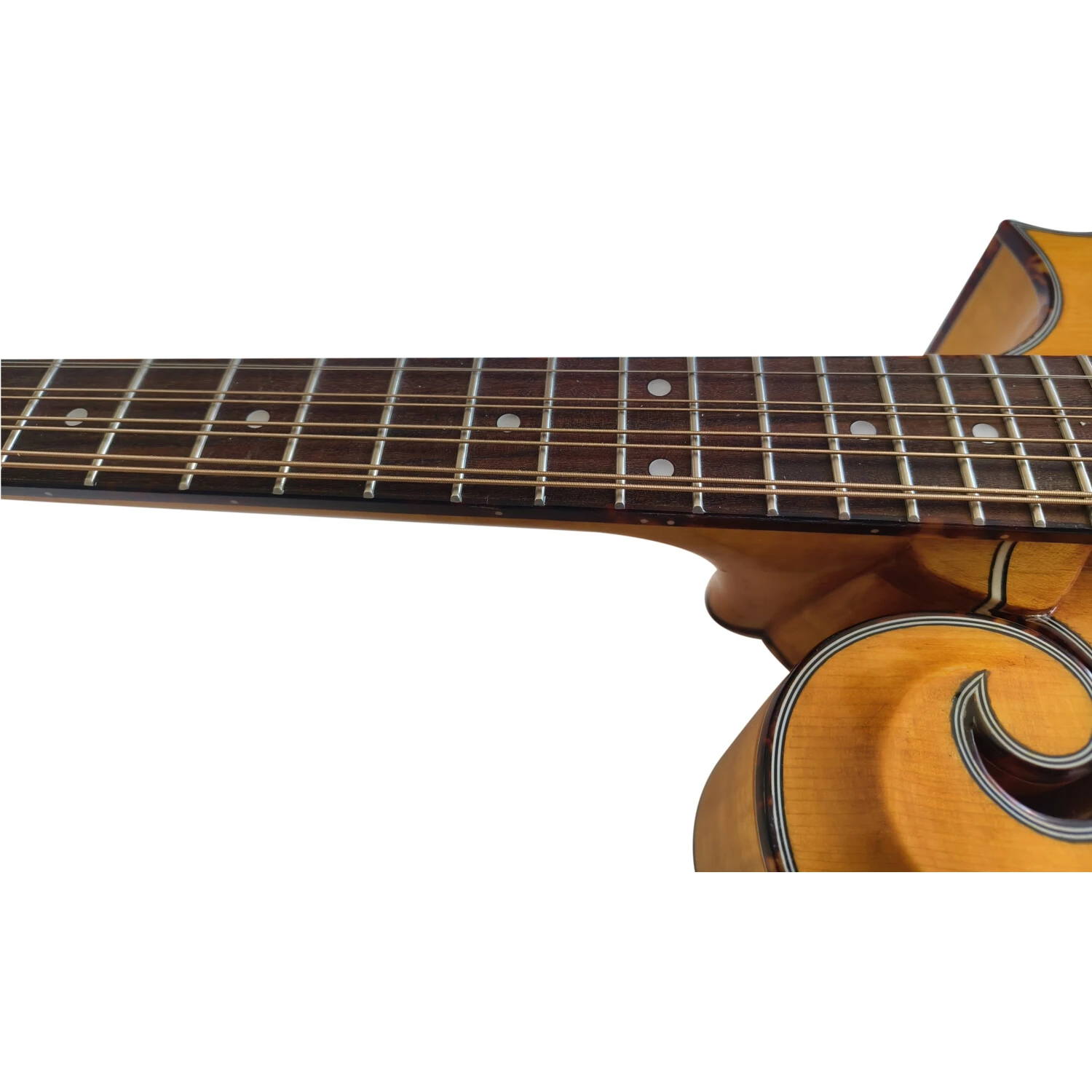 Afanti Mandolina Octava Estilo F con Tapa y Aros de Madera Maciza Flameada y Boca en F