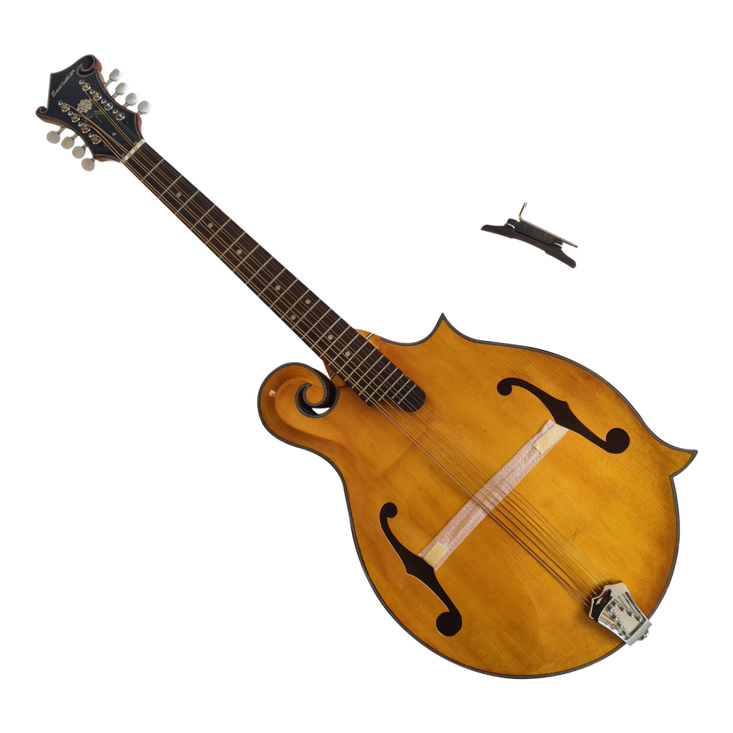 Afanti Mandolina Octava Estilo F con Tapa y Aros de Madera Maciza Flameada y Boca en F