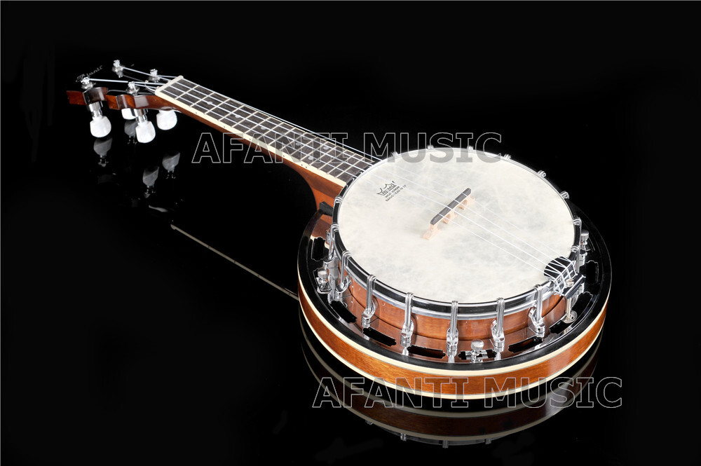 Afanti Banjo de 4 Cuerdas de Escala Corta con Aro de Caoba y Anillo de Tonos de Hierro