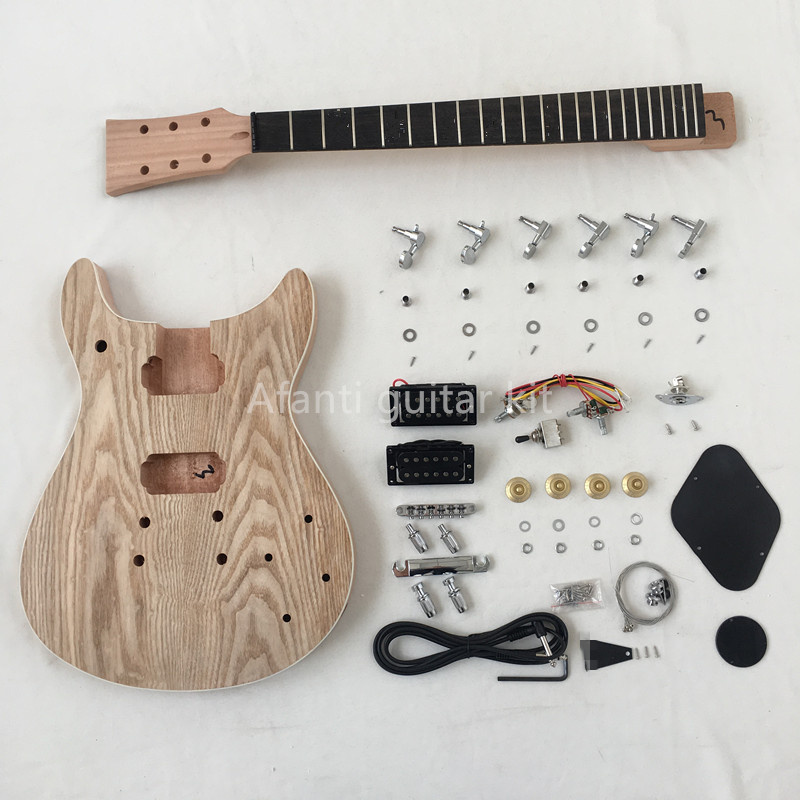 Kit de guitarra eléctrica DIY Afanti con cuerpo de caoba sin acabar y chapa de fresno