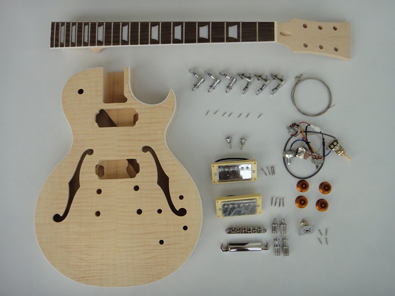Kit de guitarra eléctrica DIY Afanti personalizado con cuerpo semi-hueco HH y tapa de arce flameado