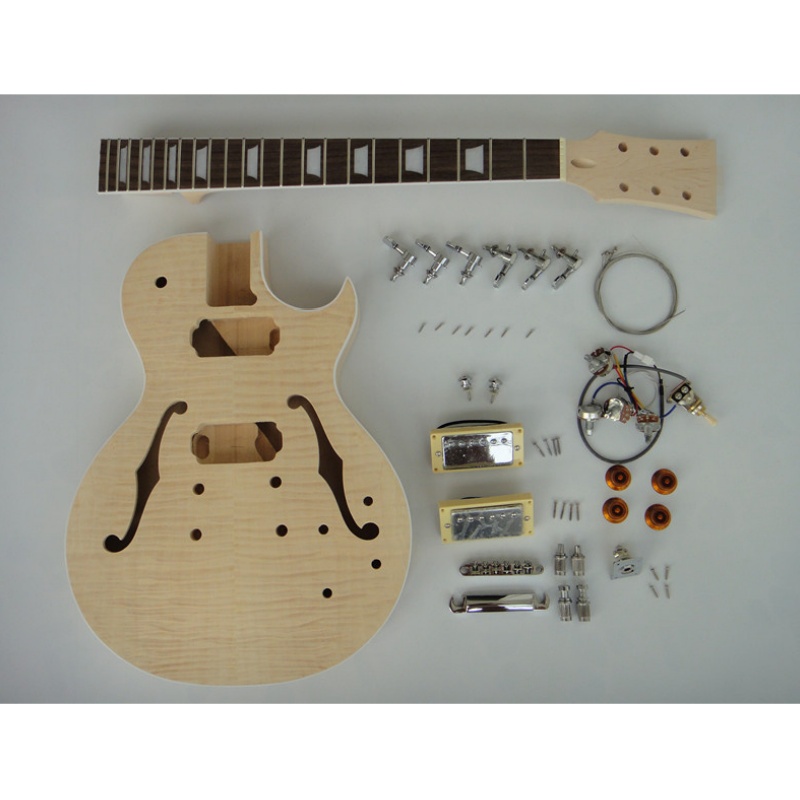 Kit de guitarra eléctrica DIY Afanti personalizado con cuerpo semi-hueco HH y tapa de arce flameado Kit de guitarra eléctrica DIY Afanti personalizado con cuerpo semi-hueco HH y tapa de arce flameado