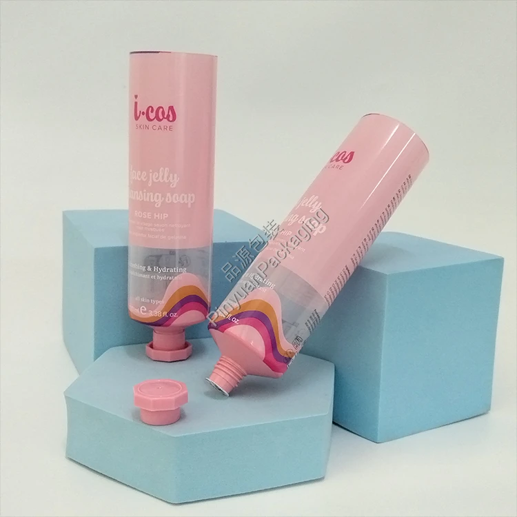 D40 100ml Skincare Lotion Transparent PBL Cosmetic Tube with Pink Octagonal Screw Cap