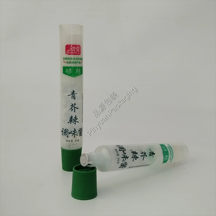 D22 43g ​Mustard Transparent PE Cosmetic Tube with Green Ribbed Screw Cap