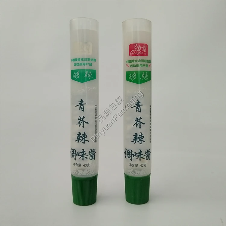 D22 43g ​Mustard Transparent PE Cosmetic Tube with Green Ribbed Screw Cap