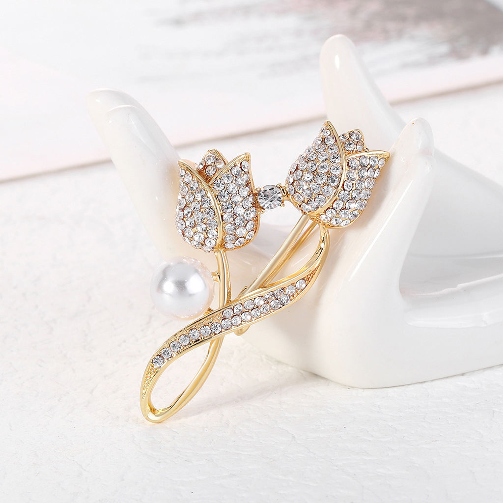 New Elegant Tulips Flower Zircon Pearl Brooch 18k Gold Plated Women's Luxury Full Diamond Rose Flower Brooch Pins for Gift