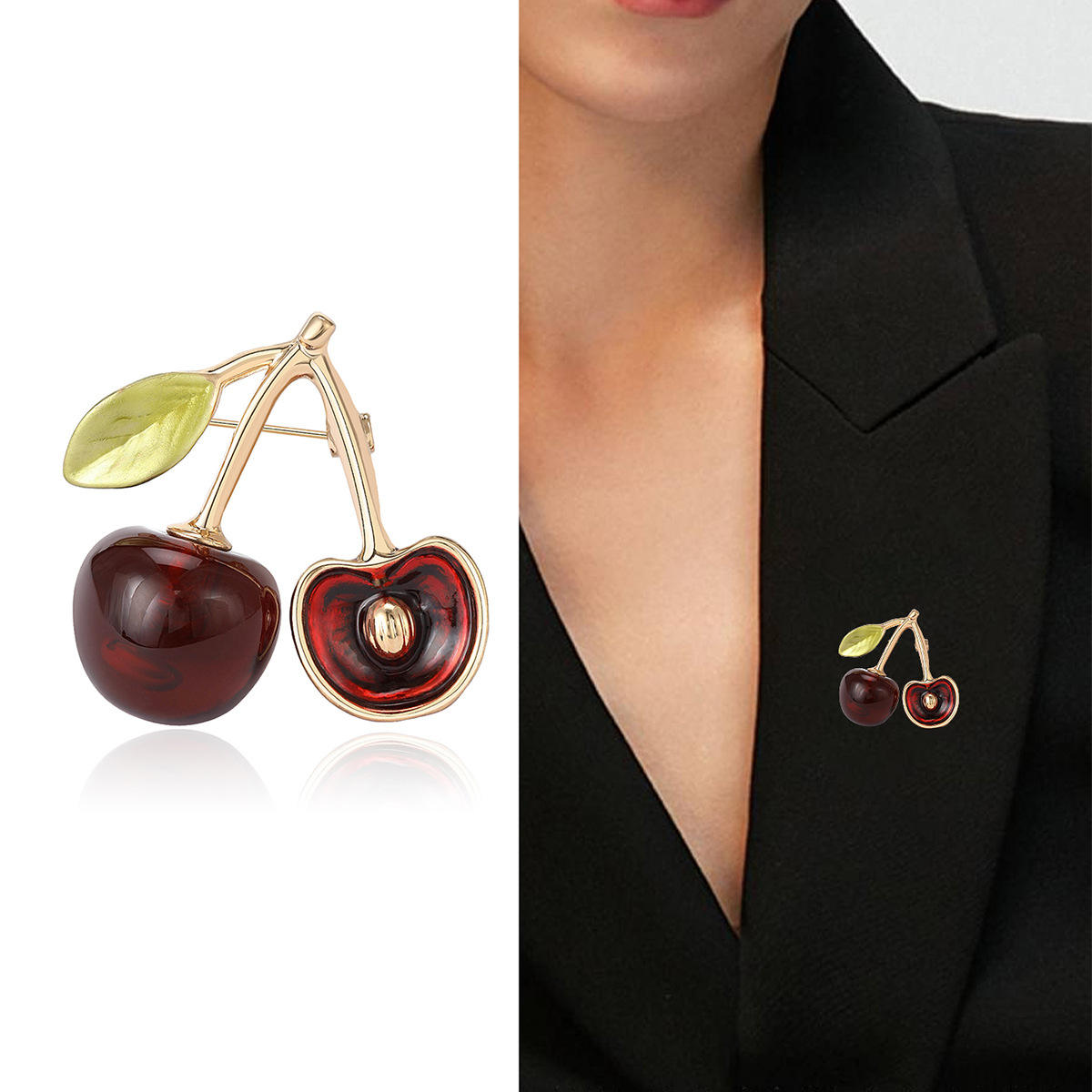 Fashion Sweet Brooch Gold Plated Drip Oil Red Cherry Brooches Women Fruit Scarf Pin Clothing Decoration Fashion Jewelry