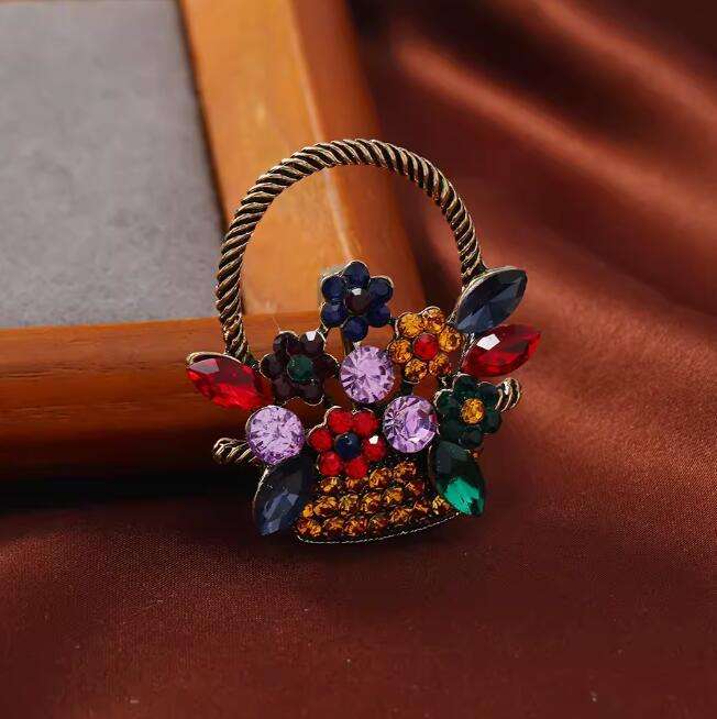 Popular New Special Design Korean Vintage Cute Flower Basket Color Diamond Big Size Fashion Jewelry Floral Brooches