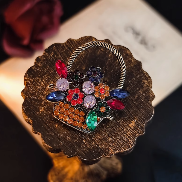 Popular New Special Design Korean Vintage Cute Flower Basket Color Diamond Big Size Fashion Jewelry Floral Brooches