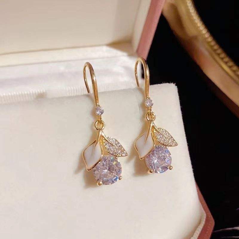Ginkgo Leaf Light Luxury Shiny Exquisite Earring Hook Women's Tiny Drop Crystal Earrings for Women