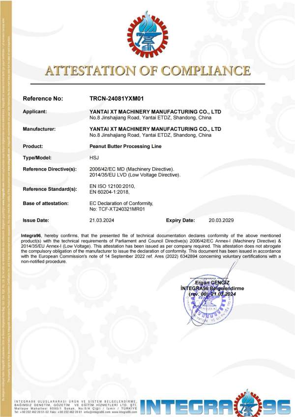 Línea de procesamiento de mantequilla de cacahuete Certificado CE_01