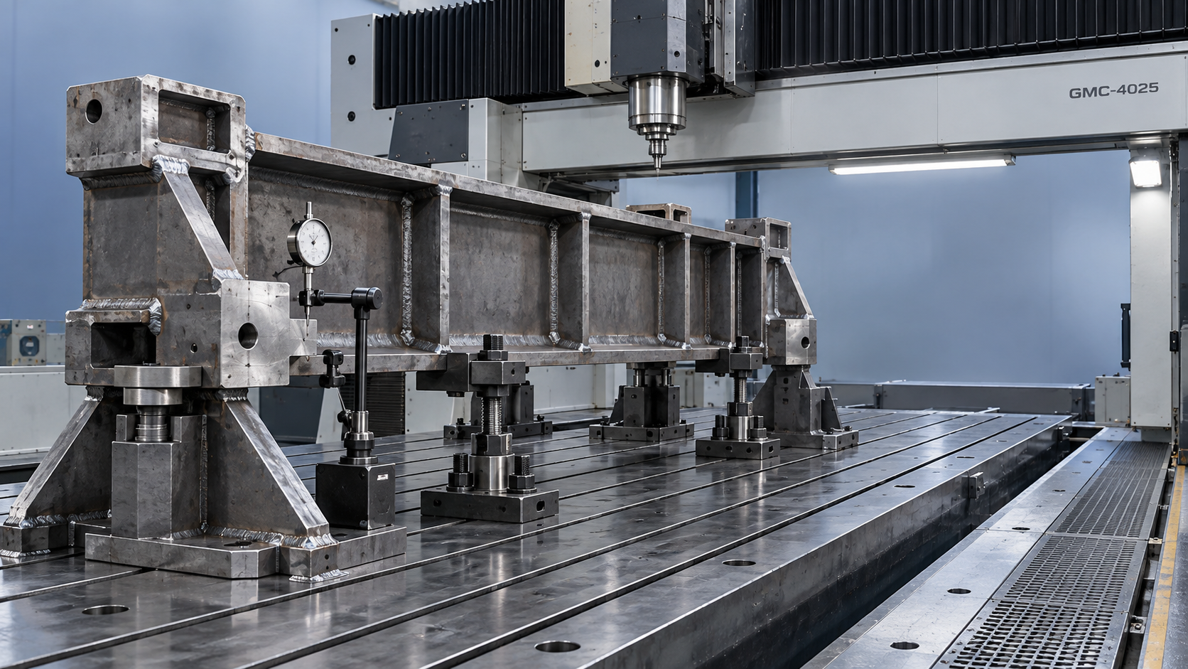 Gantry Machining Center Setup for Large Weldments Prone to Distortion Configuración de centros de mecanizado de pórtico para grandes estructuras soldadas propensas a deformarse