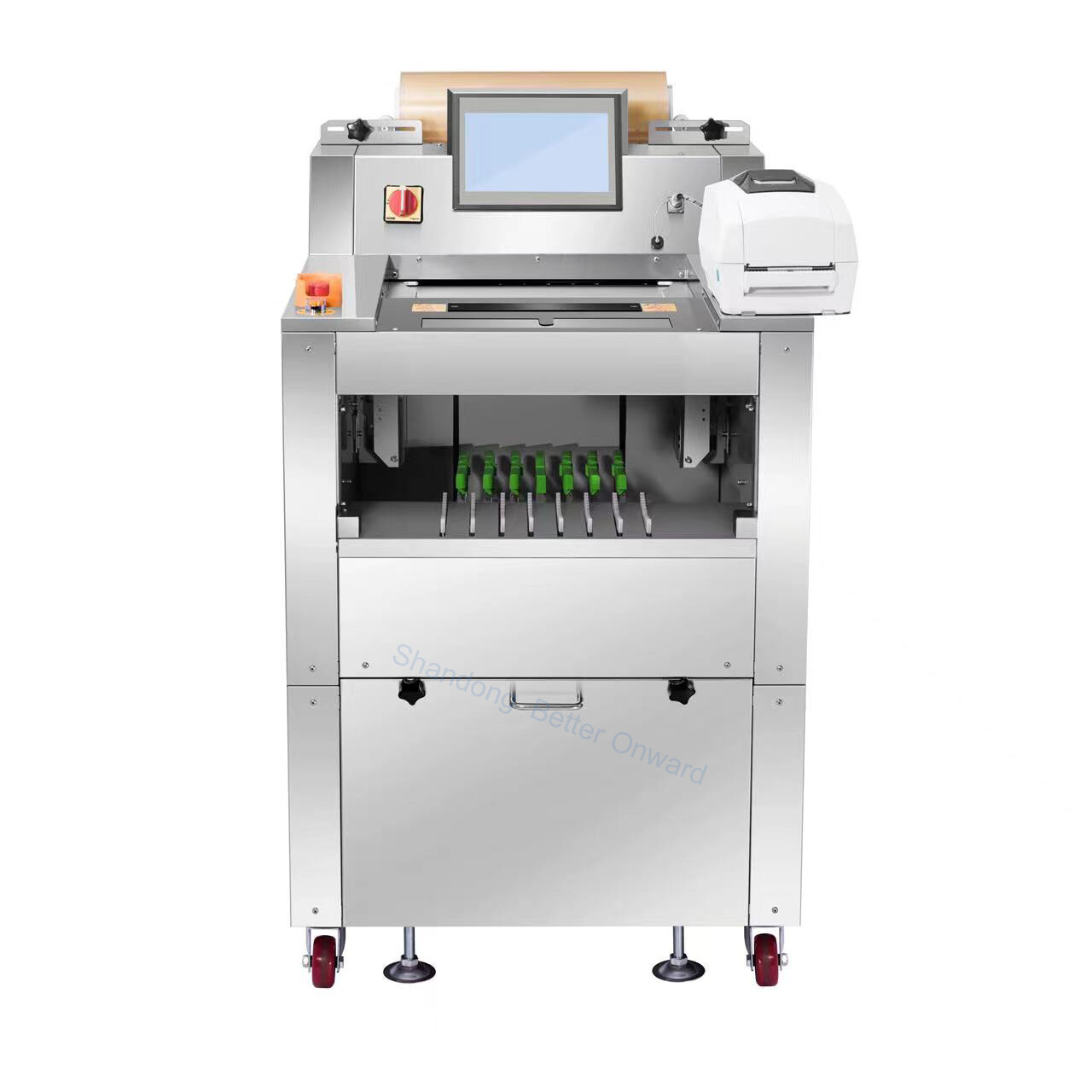 F15B Pro Automatic Vegetables Fruit Tray Packaging Cling Film Wrapping Machine with Weighing and Labels Printing Function