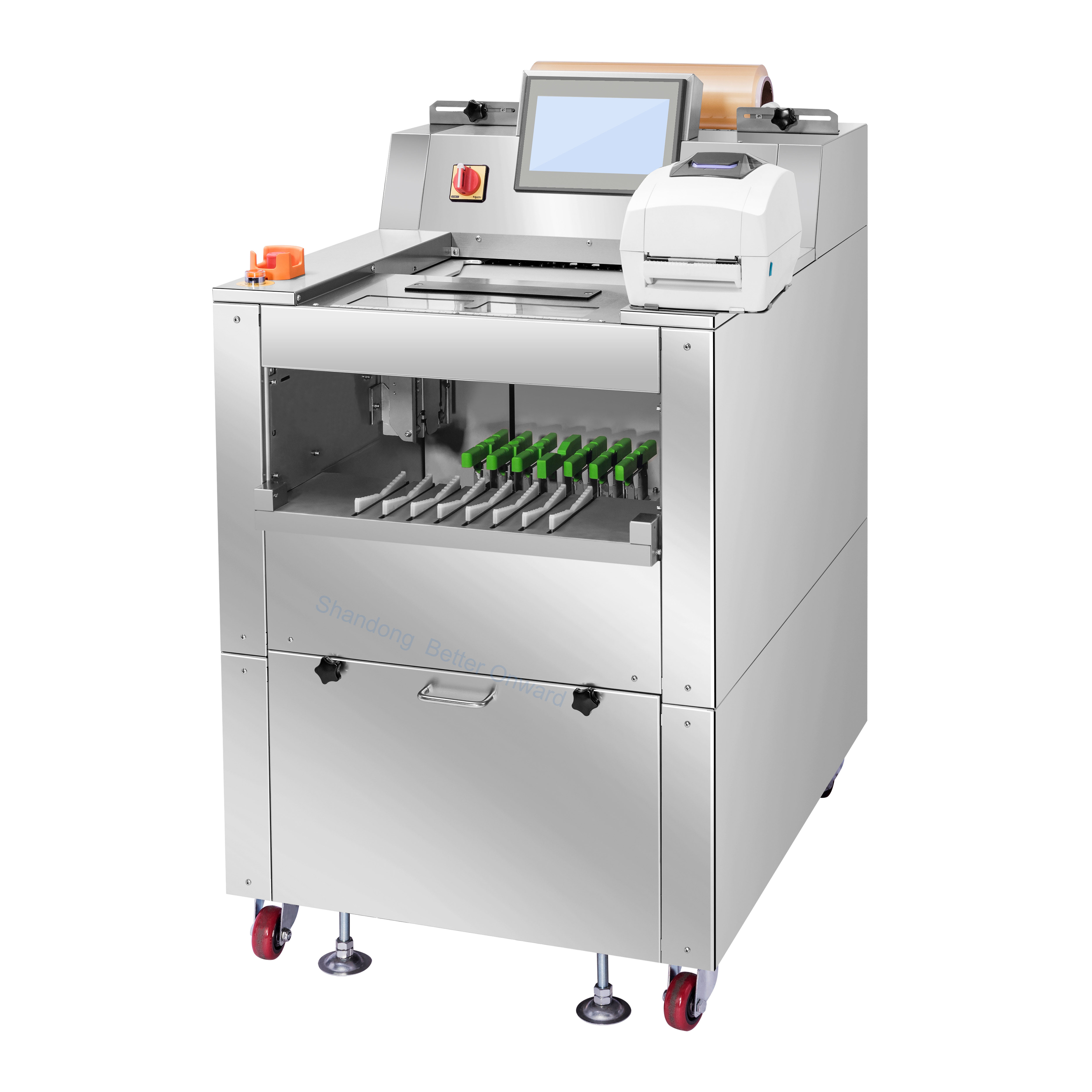 F15B Pro Automatic Vegetables Fruit Tray Packaging Cling Film Wrapping Machine with Weighing and Labels Printing Function