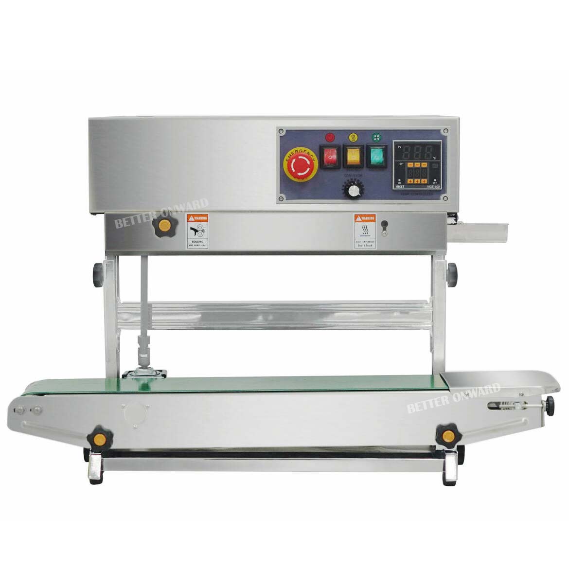 FR900V Vertical Continuous Plastic Packaging Bags Band Sealer Aluminum Foil Pouches Sealing Machine with 12 mm Wide Seals