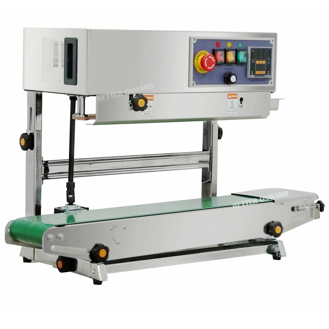 FR900V Vertical Continuous Plastic Packaging Bags Band Sealer Aluminum Foil Pouches Sealing Machine with 12 mm Wide Seals