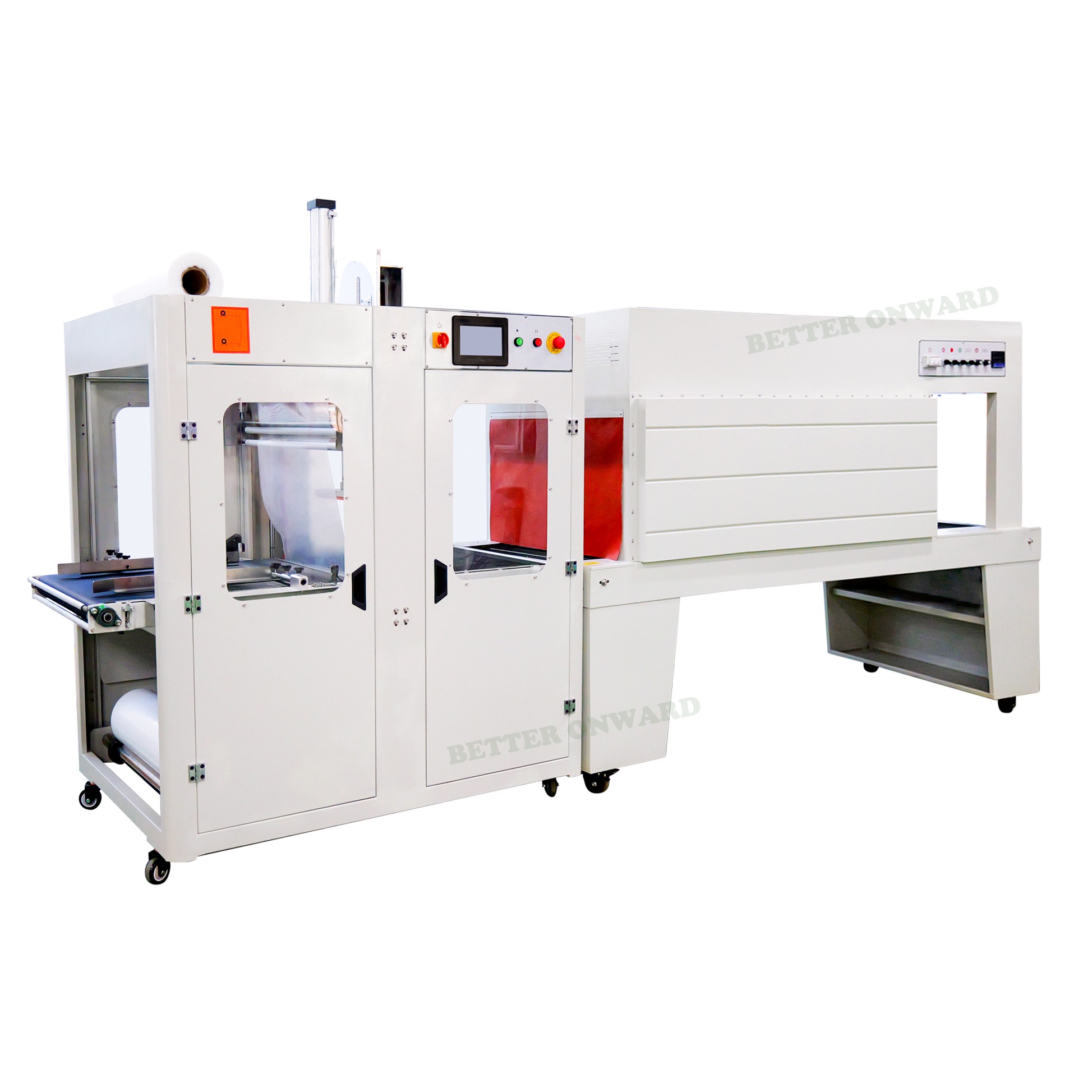 QX7540 Pneumatic Linear Plastic Film Sleeve Wrapping Machine with BSE7050A Jet type Shrink Tunnel