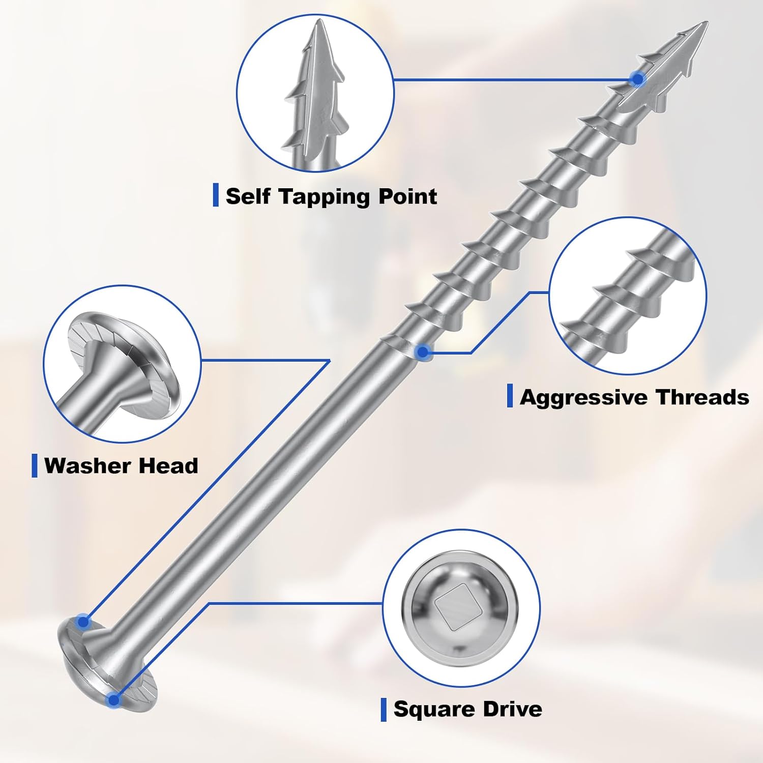 Coarse thread wood screws, square drive, washer head, 4-layer coating, including driver bit