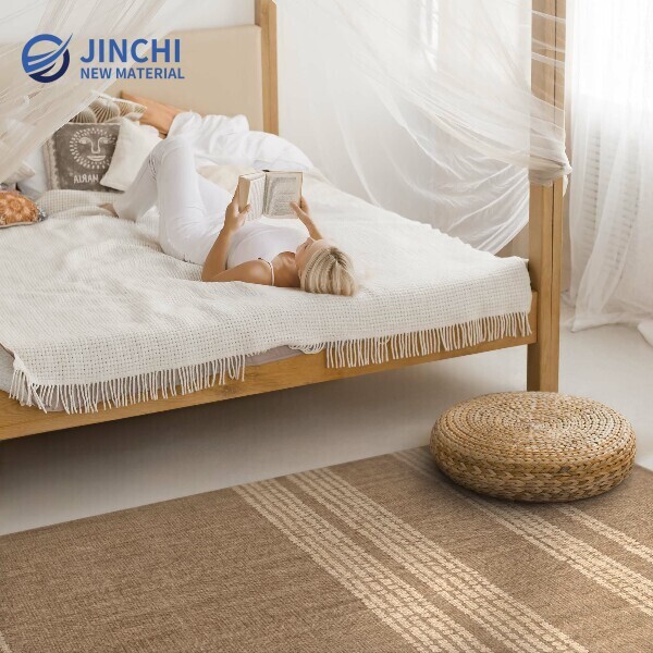 Beige striped PVC rug with a bohemian style