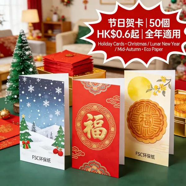 節日賀卡印刷｜聖誕卡＋新年紅包袋＋中秋賀函｜50個起｜HK$0.6起｜環保再生紙可選