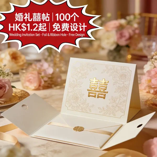 婚禮囍帖印刷｜燙金＋絲帶孔＋信封套組｜100個起｜免費設計｜HK$1.2起｜即日出稿