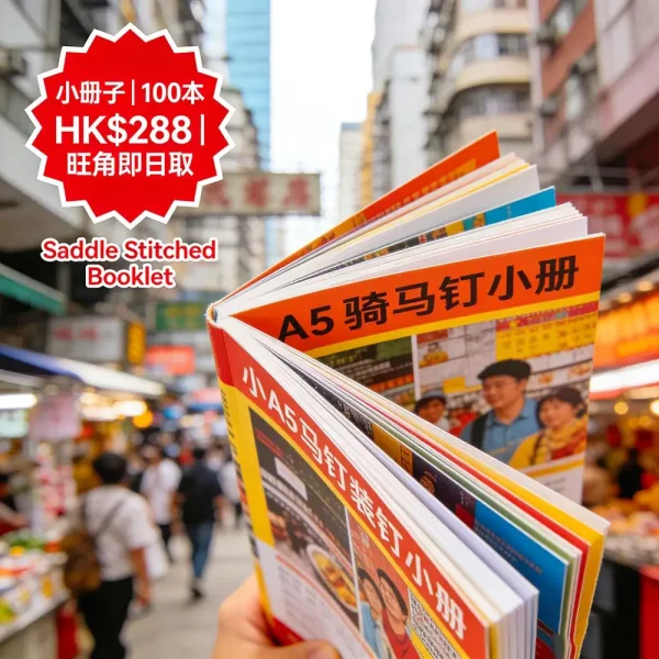 小冊子印刷｜A5騎馬釘｜12頁全彩｜100本 HK$288｜50本起印｜旺角即日取