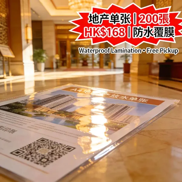 地產放盤單張｜A4雙面彩印｜防水覆膜｜200張 HK$168｜即日取｜免費上門收稿