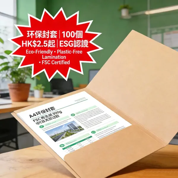 環保封套印刷｜A4再生紙300g｜無塑過膠｜100個起｜HK$2.5起｜ESG認證
