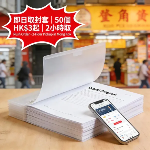 即日取封套印刷｜A4過膠｜2小時旺角取｜50個起｜HK$3起｜線上設計