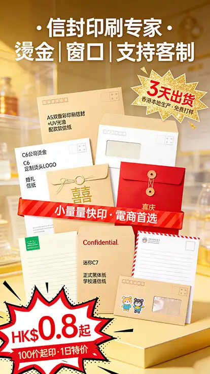 信封印刷｜100個起印｜免費設計與打樣｜香港本地生產｜燙金／UV工藝｜公司／婚禮／活動專用｜全港順豐直送｜智印港