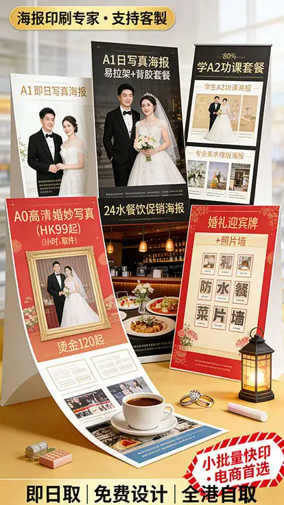 海報印刷｜A1/A2/A3尺寸｜寫真／背膠材質｜24小時出貨｜免費設計｜活動／學校／婚禮／餐飲專用｜全港順豐直送｜智印港