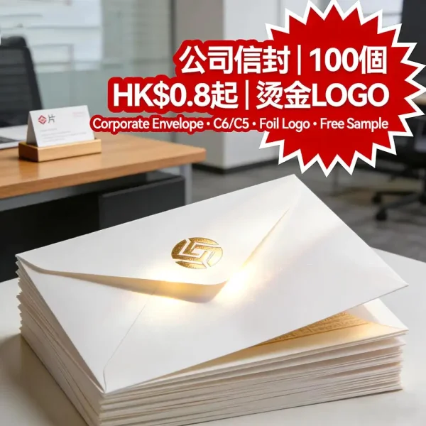 公司信封印刷｜C6/C5尺寸｜燙金LOGO｜100個起｜HK$0.8起｜免費打樣