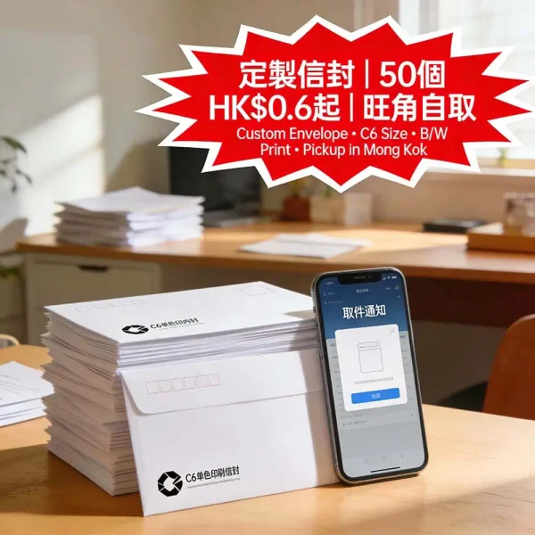定製信封印刷｜C6標準尺寸｜單色印刷｜50個起｜HK$0.6起｜旺角自取