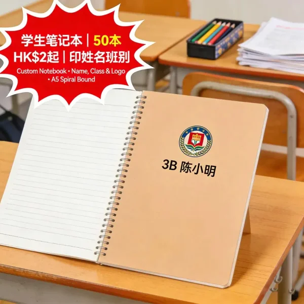 學生筆記本定製|A5線圈裝|印姓名+班別+校徽|50本起|HK$2起 學生筆記本定製|A5線圈裝|印姓名+班別+校徽|50本起|HK$2起