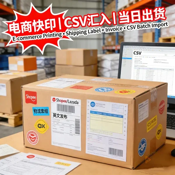 跨境電商快印｜物流標籤+發票+包裝貼紙｜CSV匯入｜當日出貨