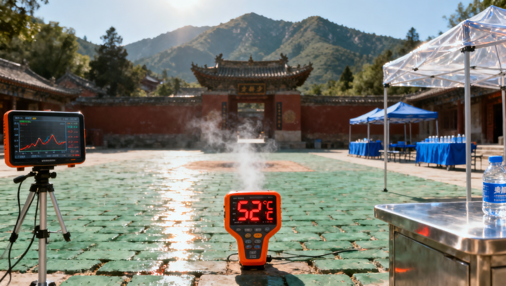 7월에 아이들과 함께 소림무술 훈련 체험, 고온 훈련장 지면 온도 50°C 넘는다는 사실 미리 알려주지 않음