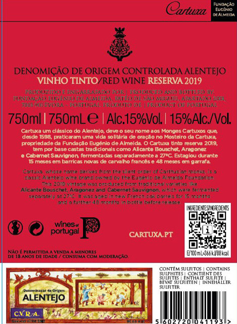CARTUXA TINTO RESERVA 2019 CONTRA ROTULO