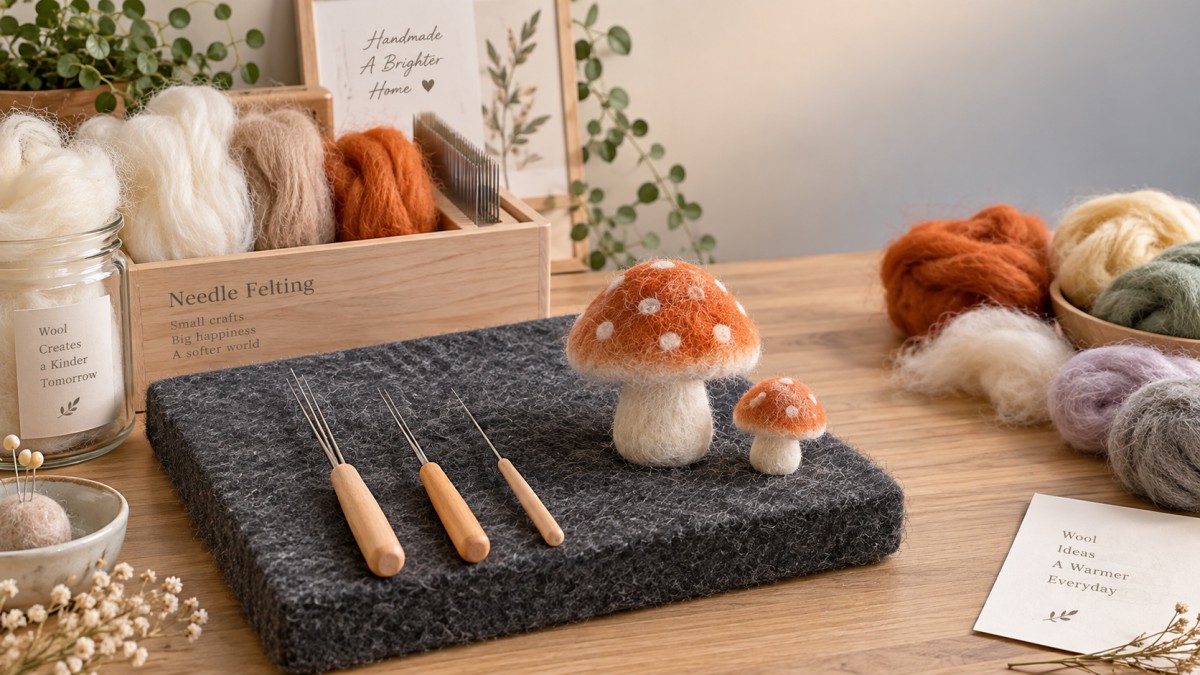 Needle Felting Kit Essentials: Needles, Wool Types, Mats, and Project Guides Основные компоненты набора для игольного валяния: иглы, виды шерсти, маты и руководства по проектам