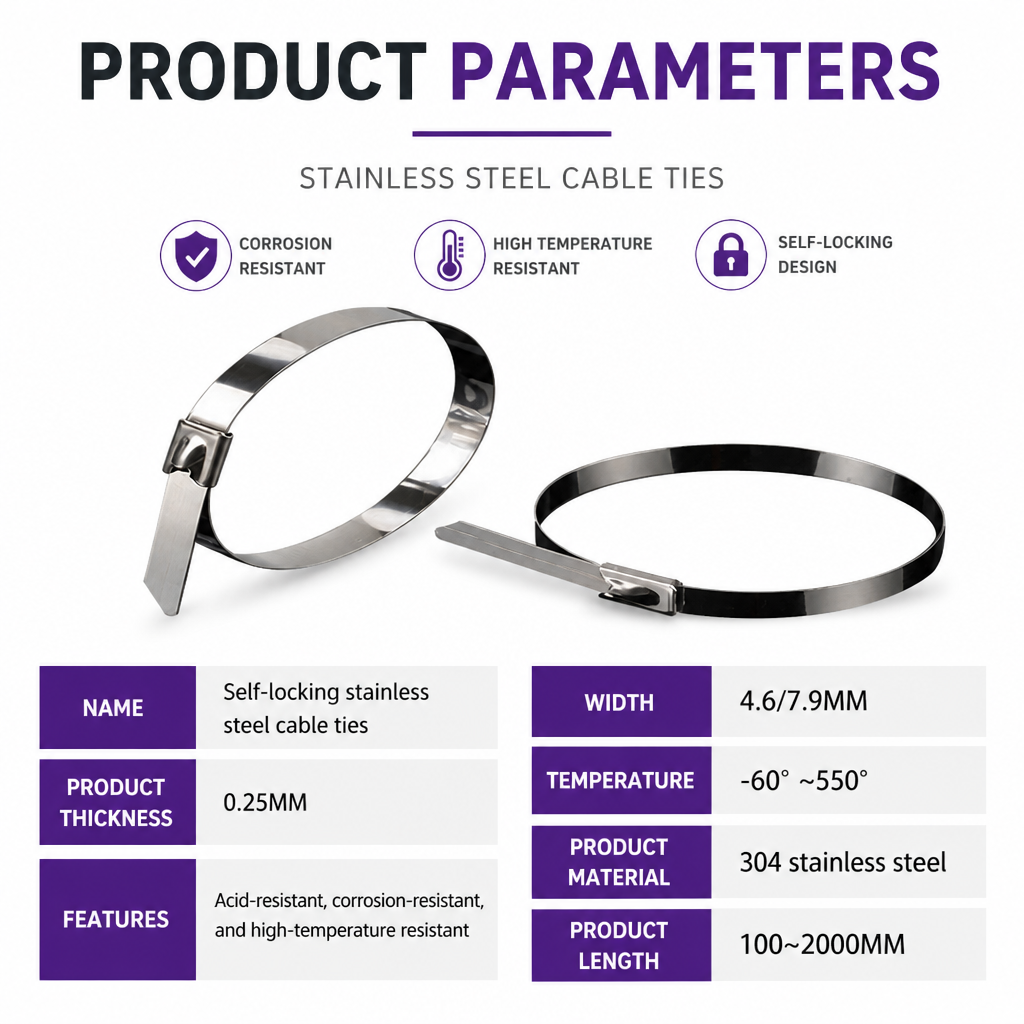  304 Stainless Steel Cable Ties with Self-Locking Mechanism Metal Cable Straps for Wire Trays Corrosion-Resistant Cable Bundling and Management Marine-Grade Anti-Corrosion Protection